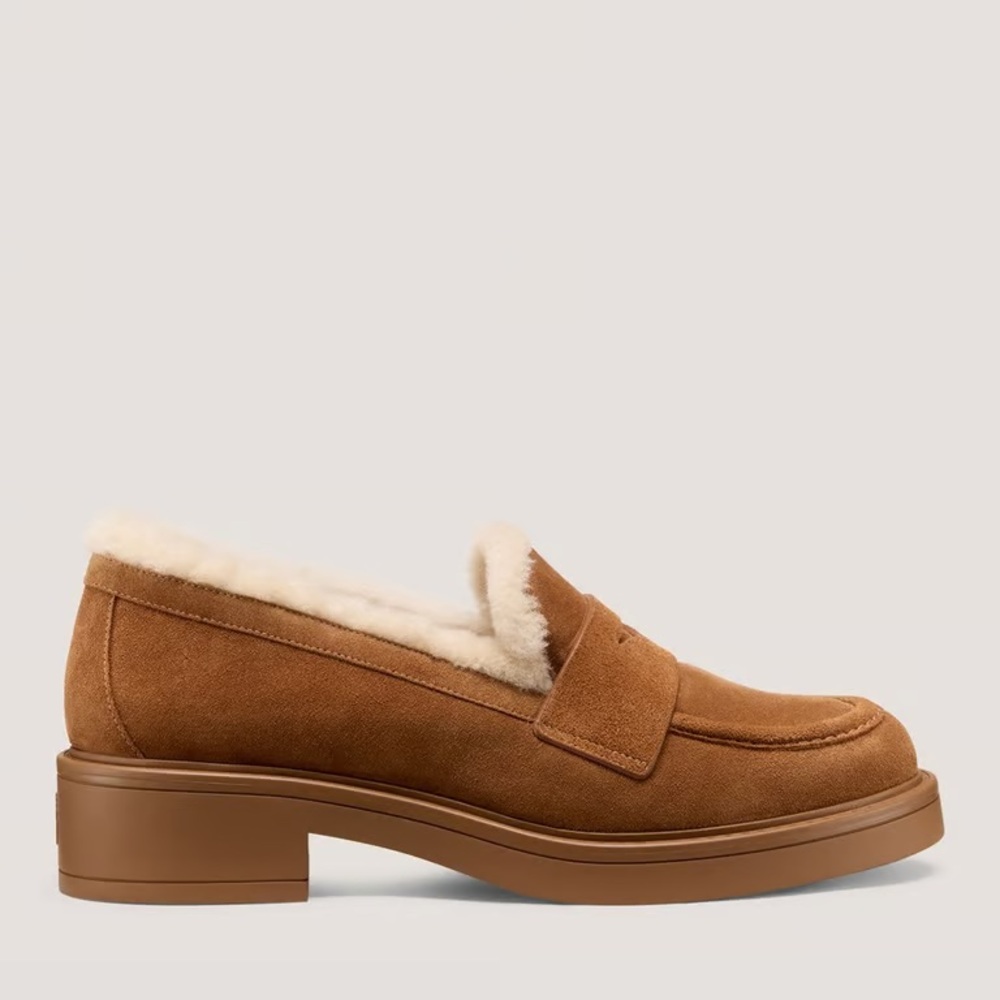 Stuart Weitzman Celia Lite Chestnut Suede Shearling-Trim Loafers